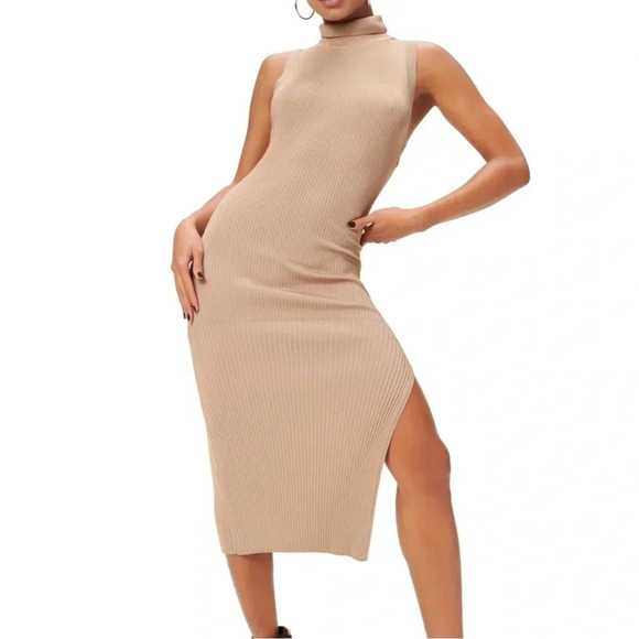 Good American Plaited Sleeveless Rib Midi Dress Warm Caramel Size 3/4 L/XL - Picture 1 of 6